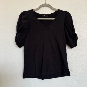 7 For All Mankind Black V-Neck Puff Sleeve Cotton Tee